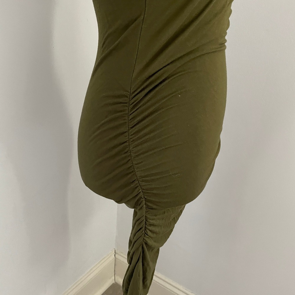 Green Racerback Dress XS Ruched Side Sleeveless Midi Minimalist Bodycon Coverup - Picture 3 of 10